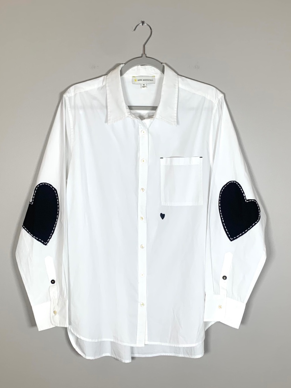 Kerri Rosenthal Mia White Shirt Button-Front Blouse Black Heart Elbow Patches XL - Picture 8 of 14